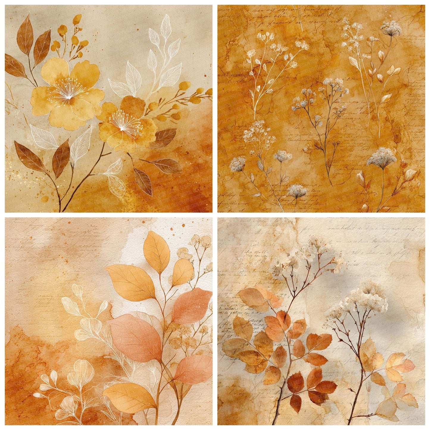 Golden Ochre Watercolour Wash Floral Digital Paper Pack (DDD001901)