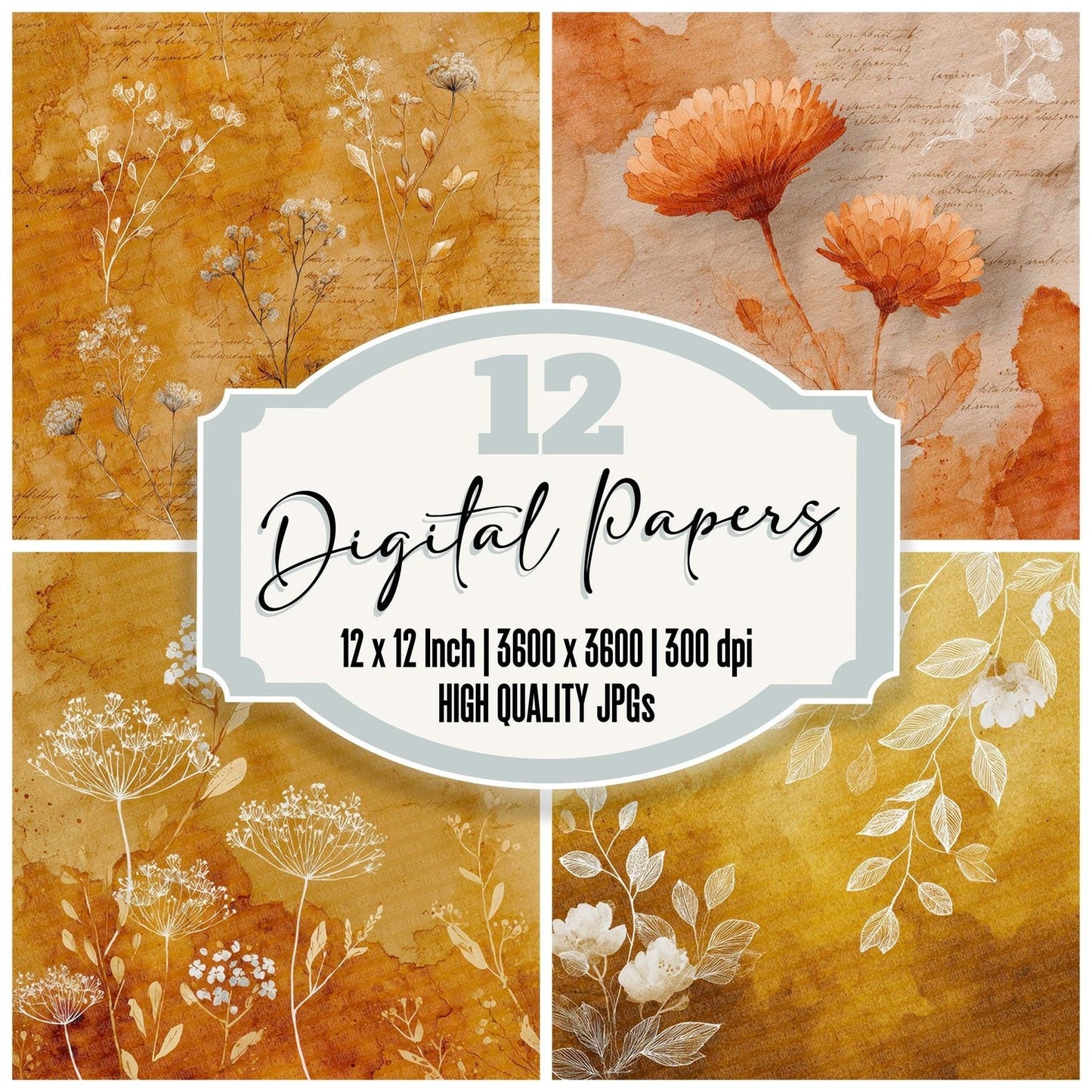 Golden Ochre Watercolour Wash Floral Digital Paper Pack (DDD001901)