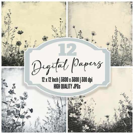 Grayscale Floral Collage Digital Paper Pack (DDD001939)