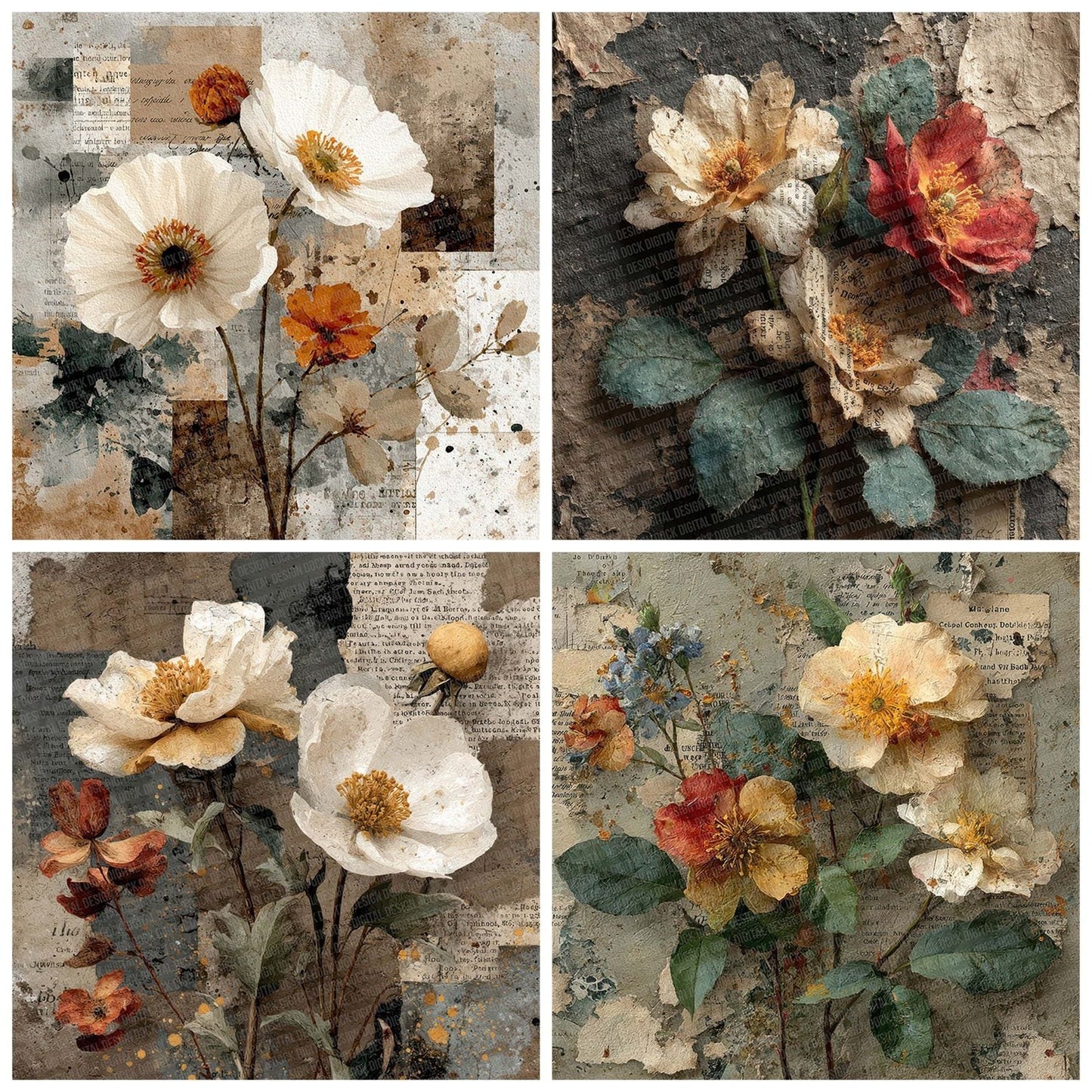 Grunge Paper Florals Digital Paper Pack (DDD001961)