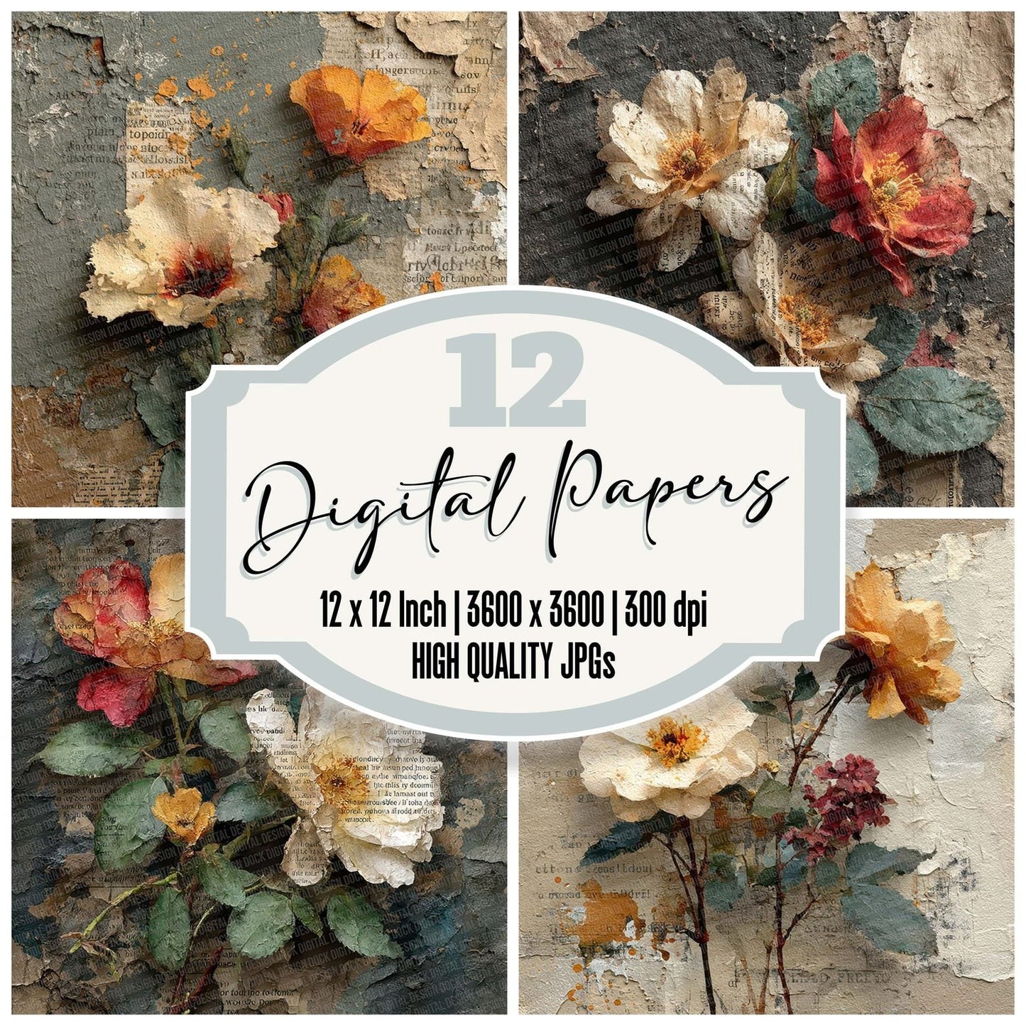 Grunge Paper Florals Digital Paper Pack (DDD001961)