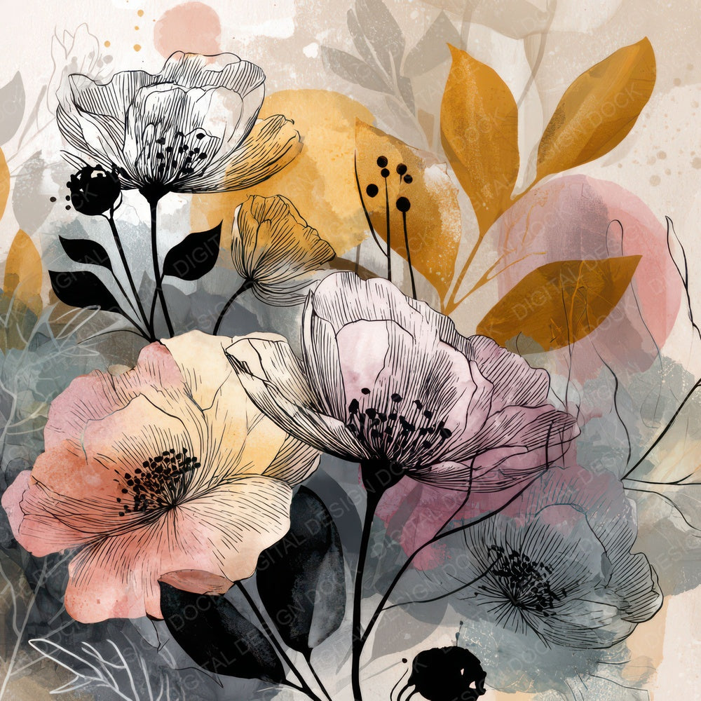 Hand Drawn Ink Wash Floral Background Digital Paper Pack (DDD007837)