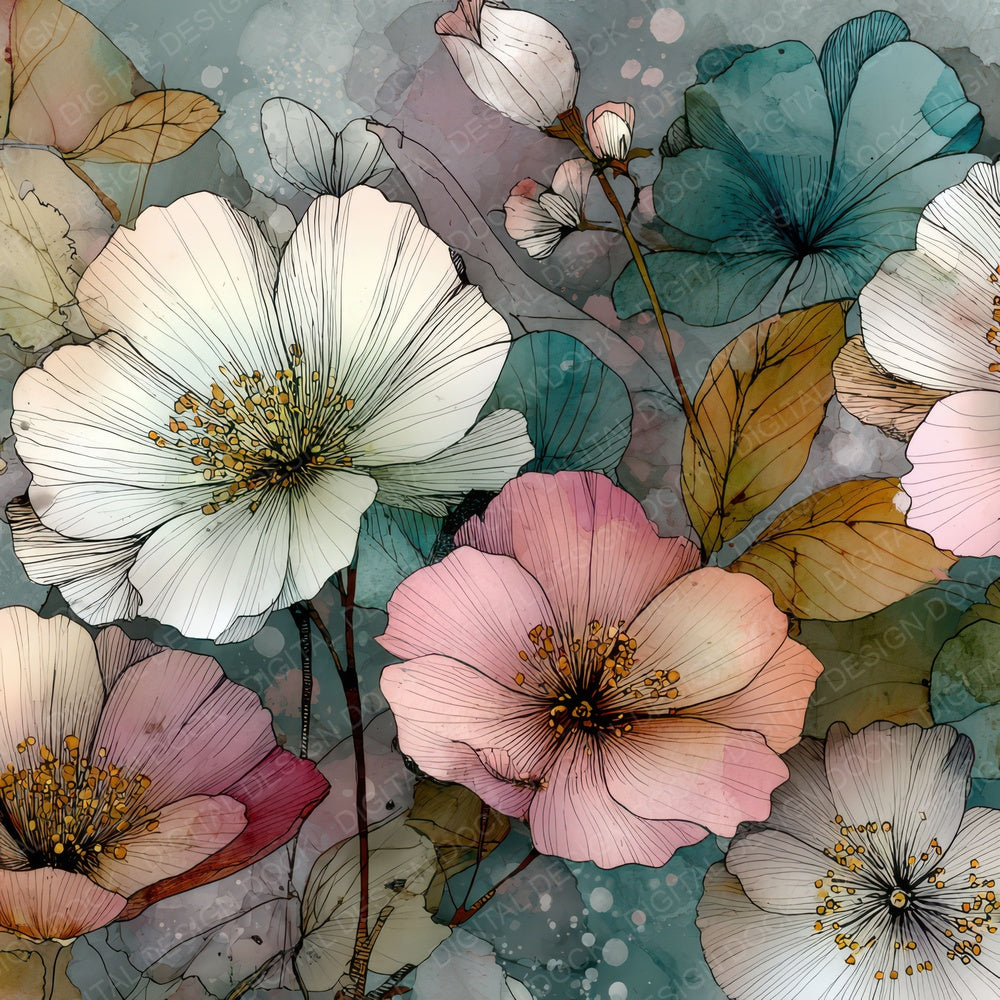 Hand Drawn Ink Wash Floral Background Digital Paper Pack (DDD007837)