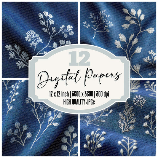 Indigo Botanical Stitch Digital Paper Pack (DDD002064)