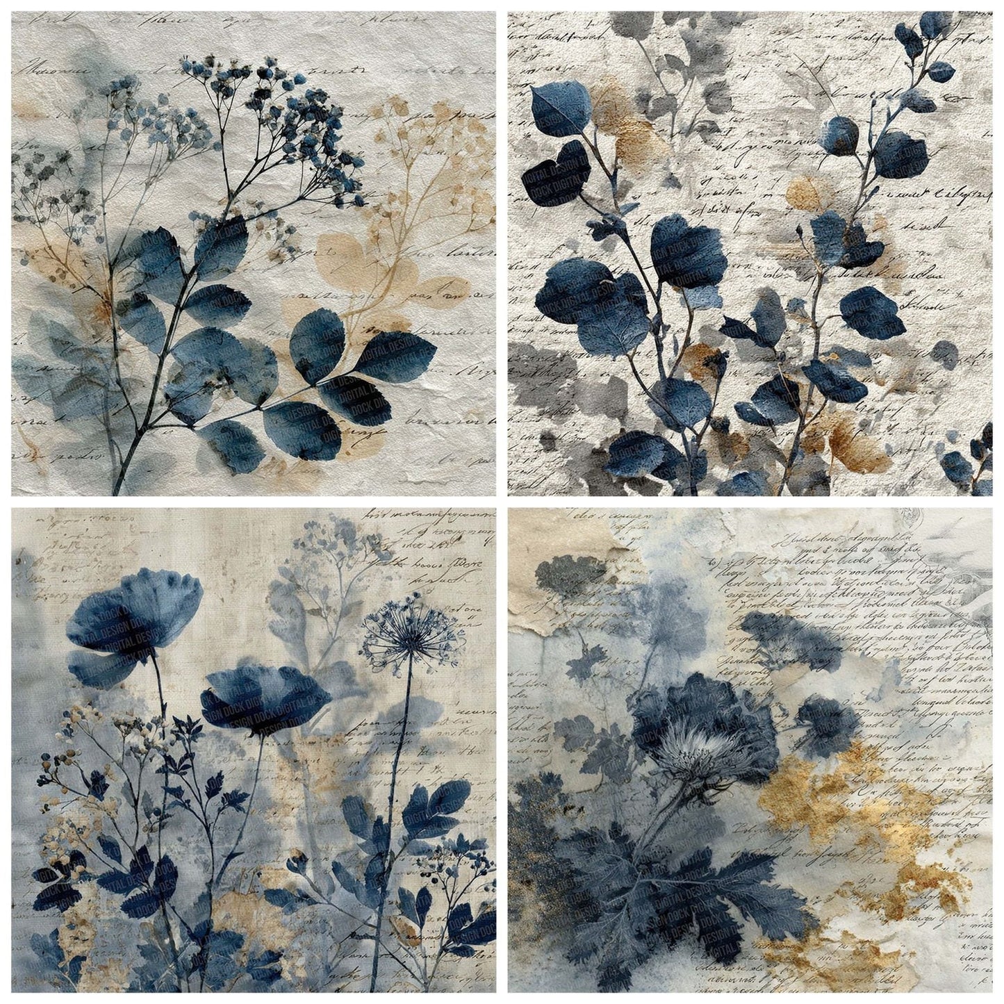 Indigo Cream Fabric Layer Floral Script Digital Paper Pack (DDD002067)