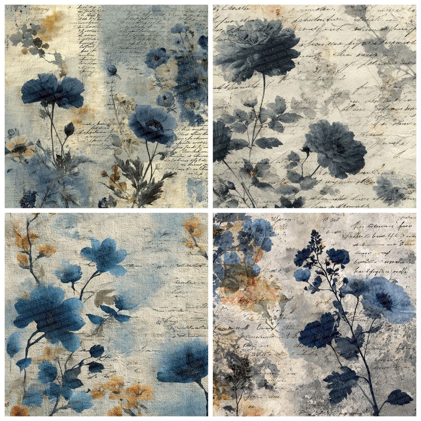 Indigo Cream Fabric Layer Floral Script Digital Paper Pack (DDD002067)