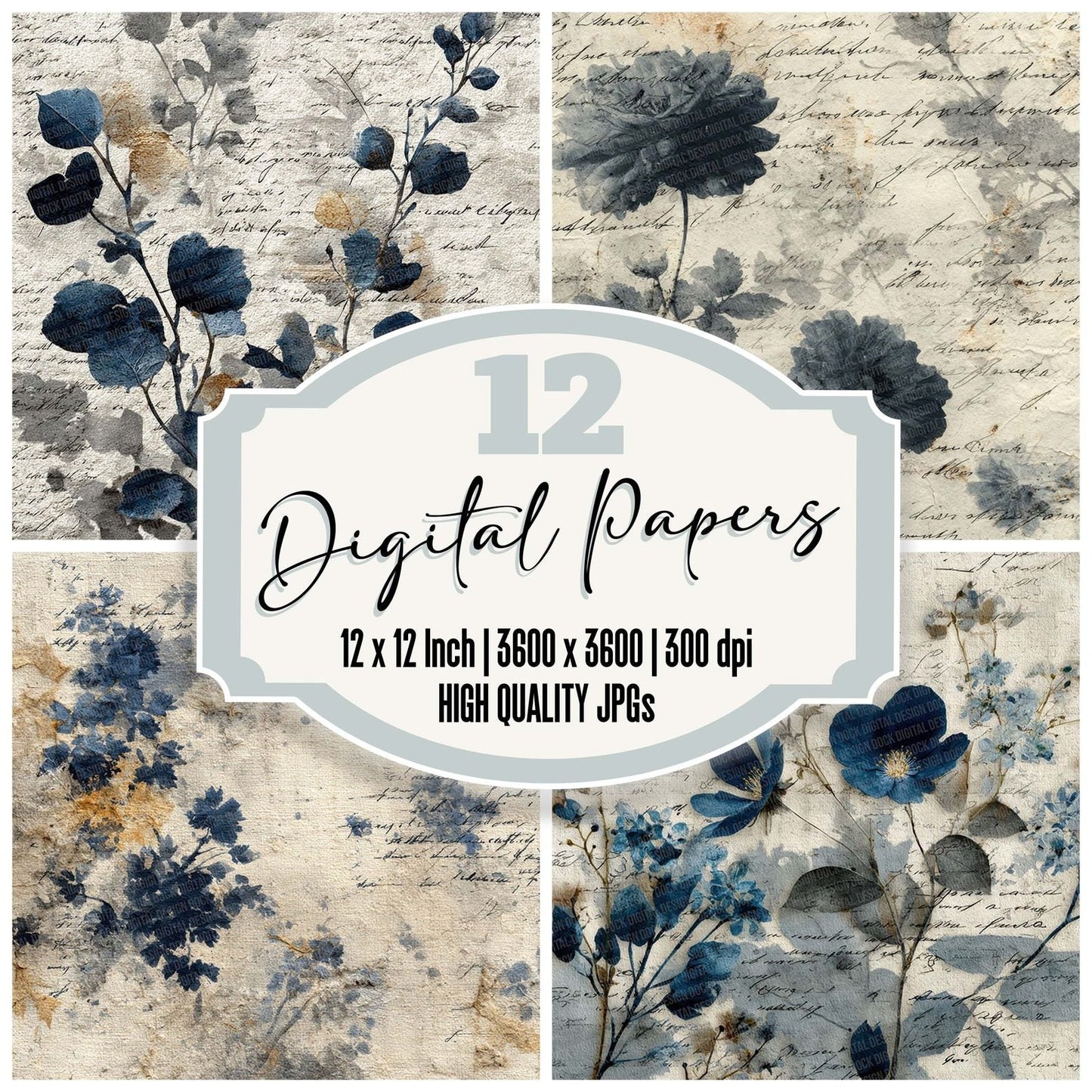 Indigo Cream Fabric Layer Floral Script Digital Paper Pack (DDD002067)