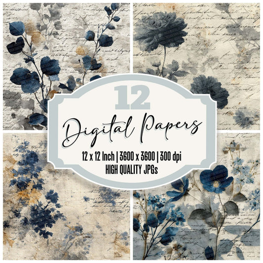 Indigo Cream Fabric Layer Floral Script Digital Paper Pack (DDD002067)