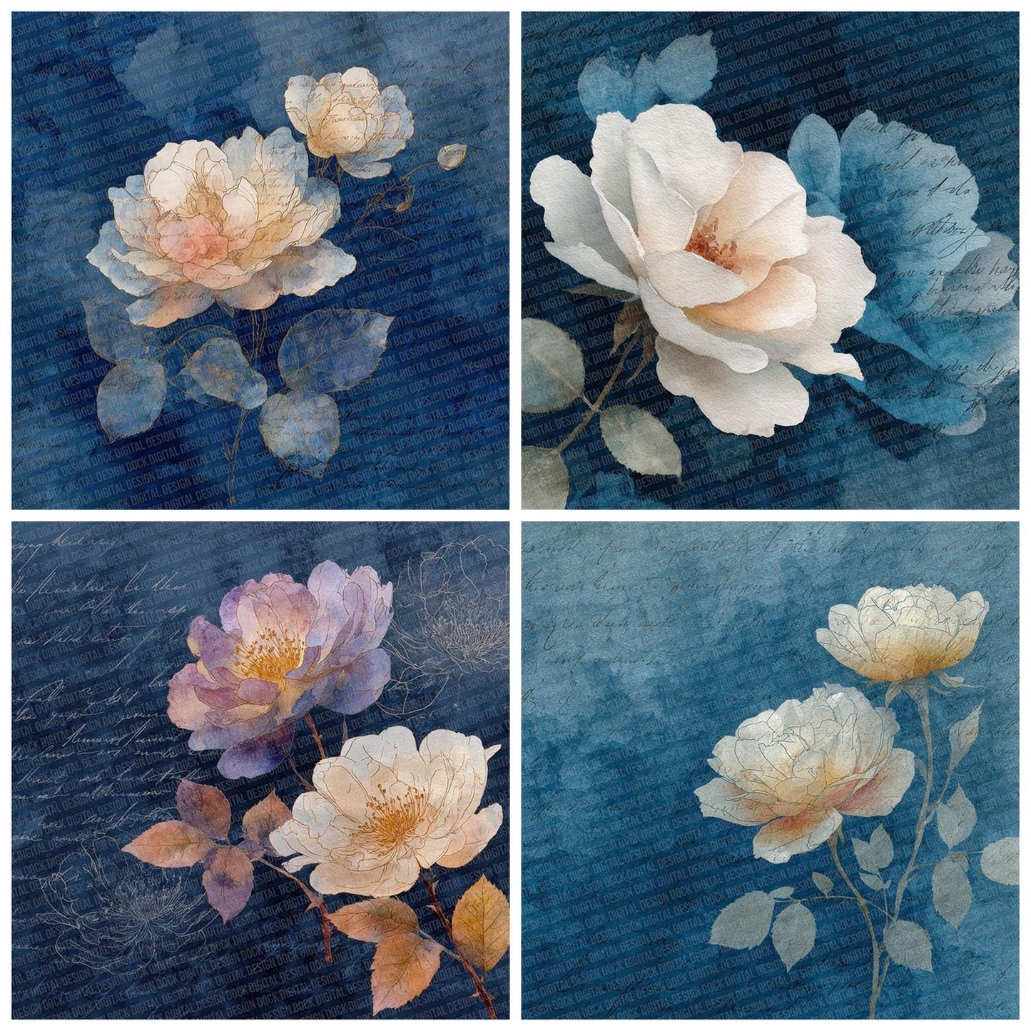 Indigo Cream Watercolour Wash Floral Digital Paper Pack (DDD002068)