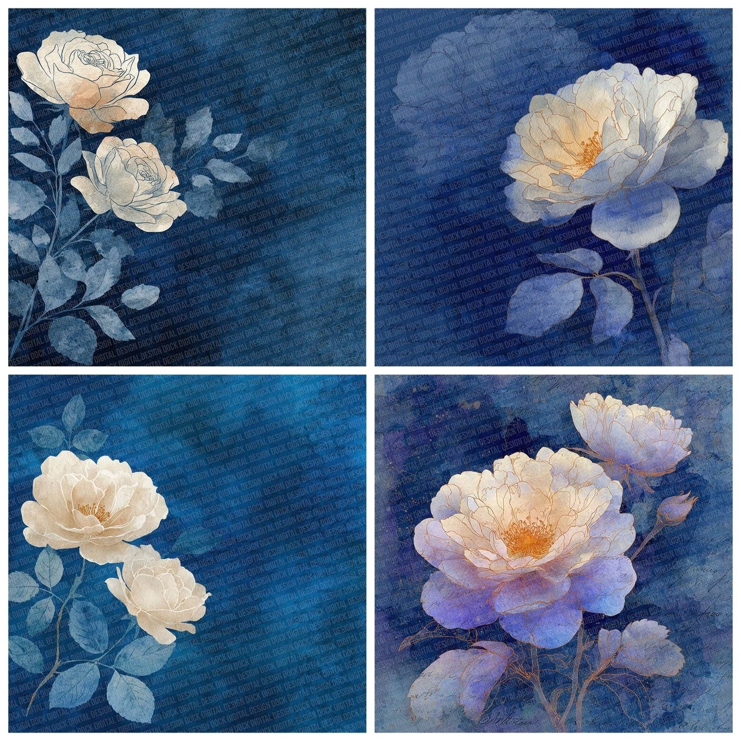 Indigo Cream Watercolour Wash Floral Digital Paper Pack (DDD002068)