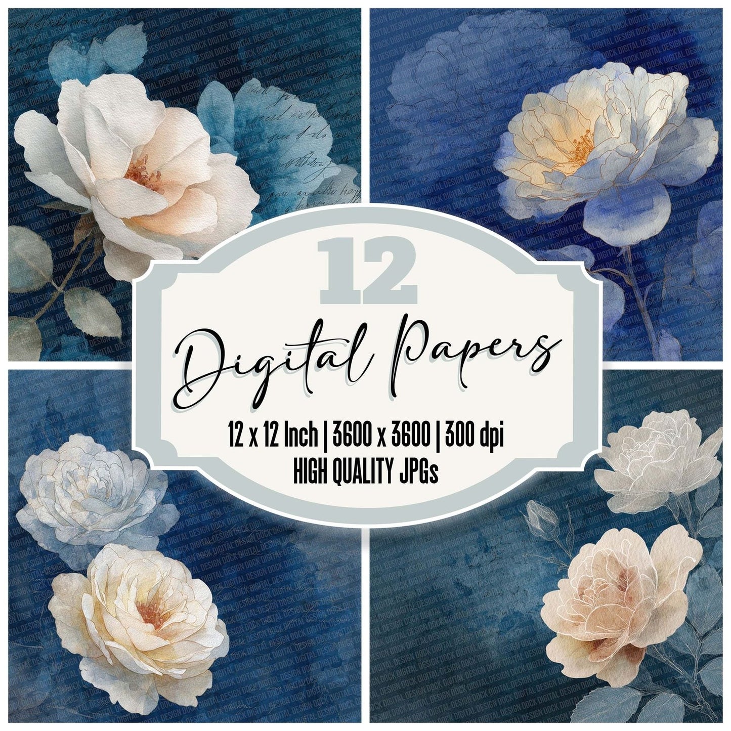 Indigo Cream Watercolour Wash Floral Digital Paper Pack (DDD002068)