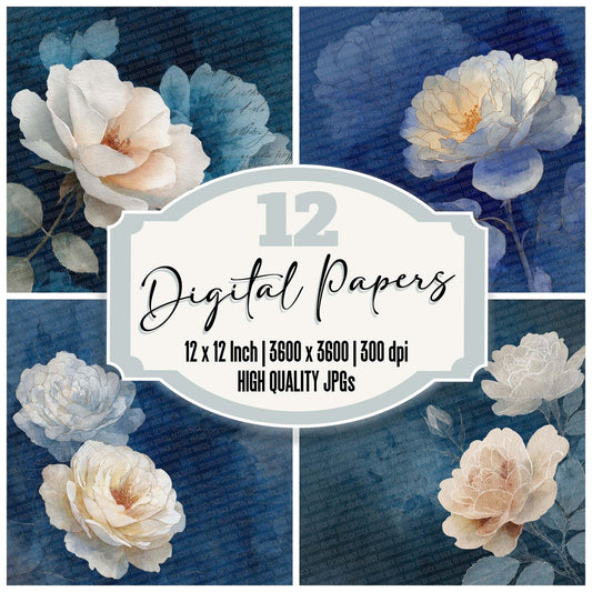 Indigo Cream Watercolour Wash Floral Digital Paper Pack (DDD002068)