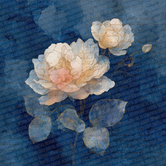 Indigo Cream Watercolour Wash Floral Digital Paper Pack (DDD002068)