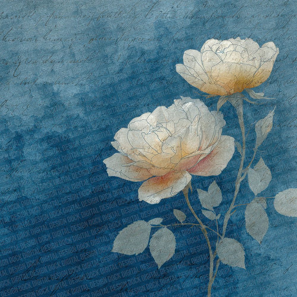 Indigo Cream Watercolour Wash Floral Digital Paper Pack (DDD002068)