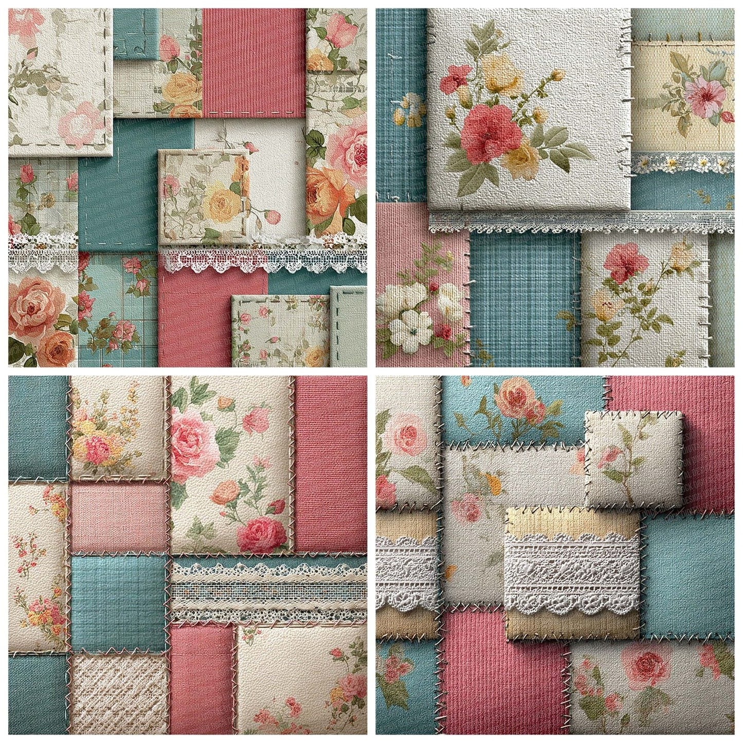 Ivory Teal Shabby Patchwork Fabric Digital Paper Pack (DDD002183)