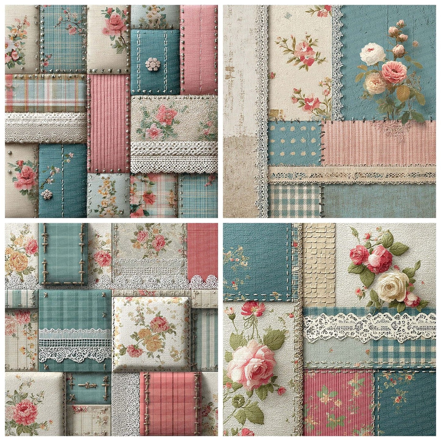 Ivory Teal Shabby Patchwork Fabric Digital Paper Pack (DDD002183)