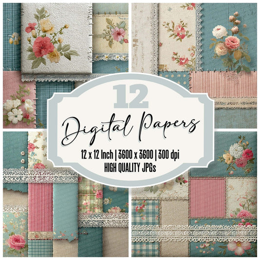 Ivory Teal Shabby Patchwork Fabric Digital Paper Pack (DDD002183)
