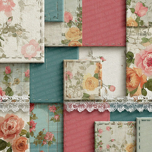 Ivory Teal Shabby Patchwork Fabric Digital Paper Pack (DDD002183)