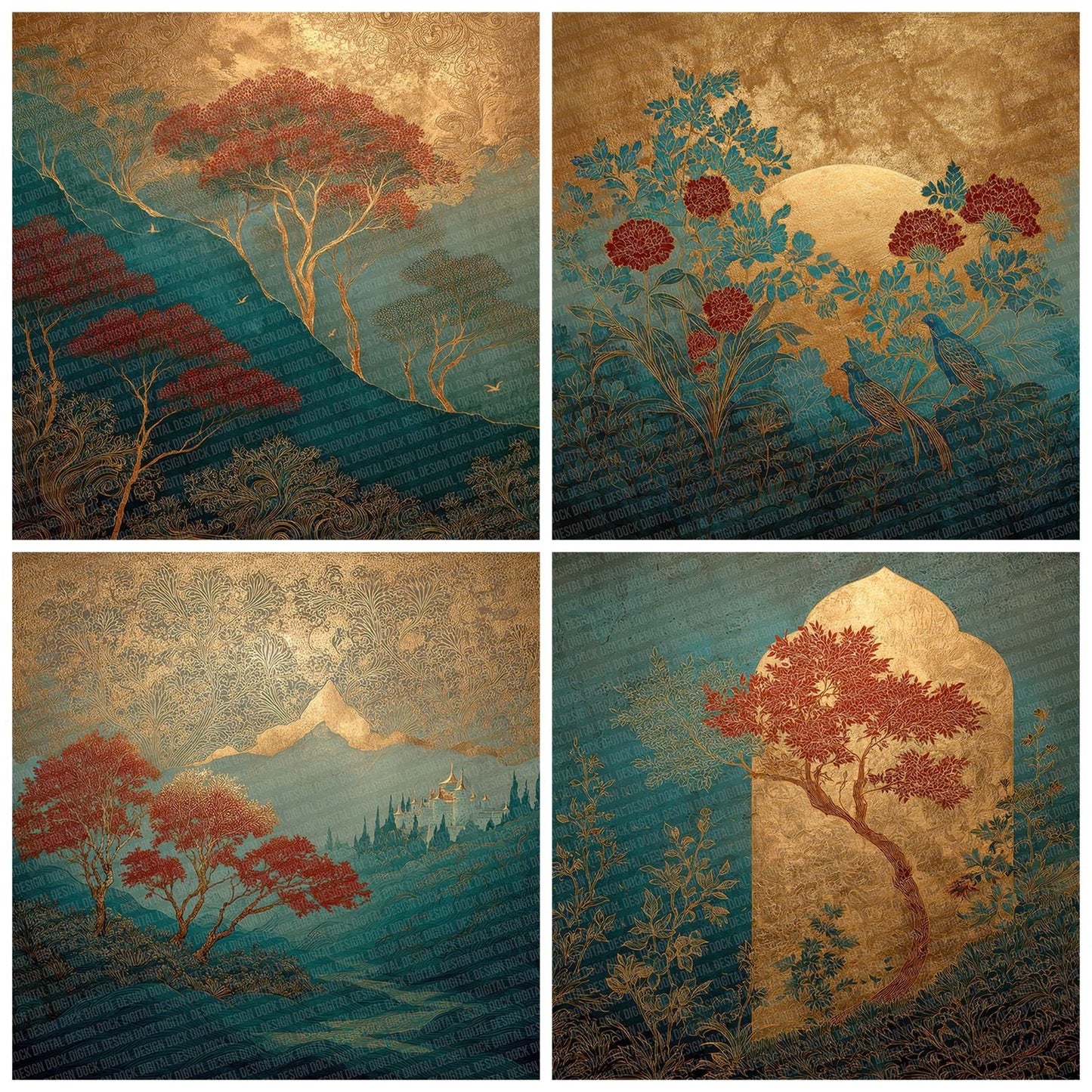 Japan Gold Teal Botanica Digital Paper Pack (DDD002197)