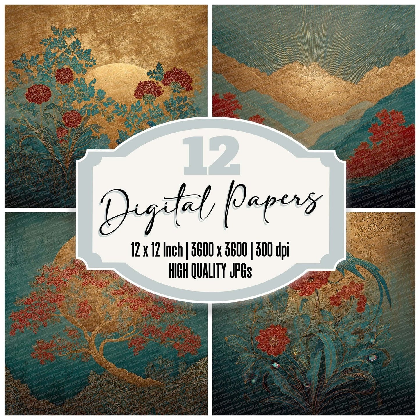 Japan Gold Teal Botanica Digital Paper Pack (DDD002197)