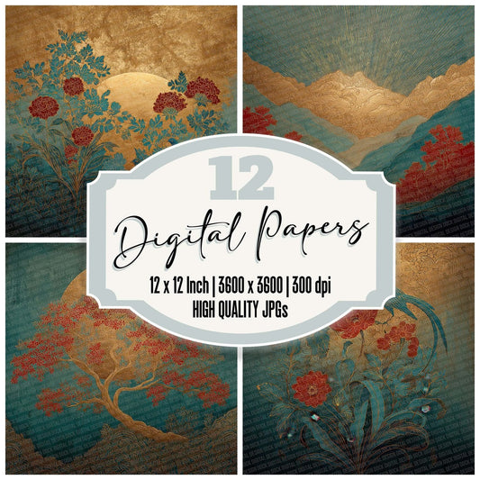 Japan Gold Teal Botanica Digital Paper Pack (DDD002197)
