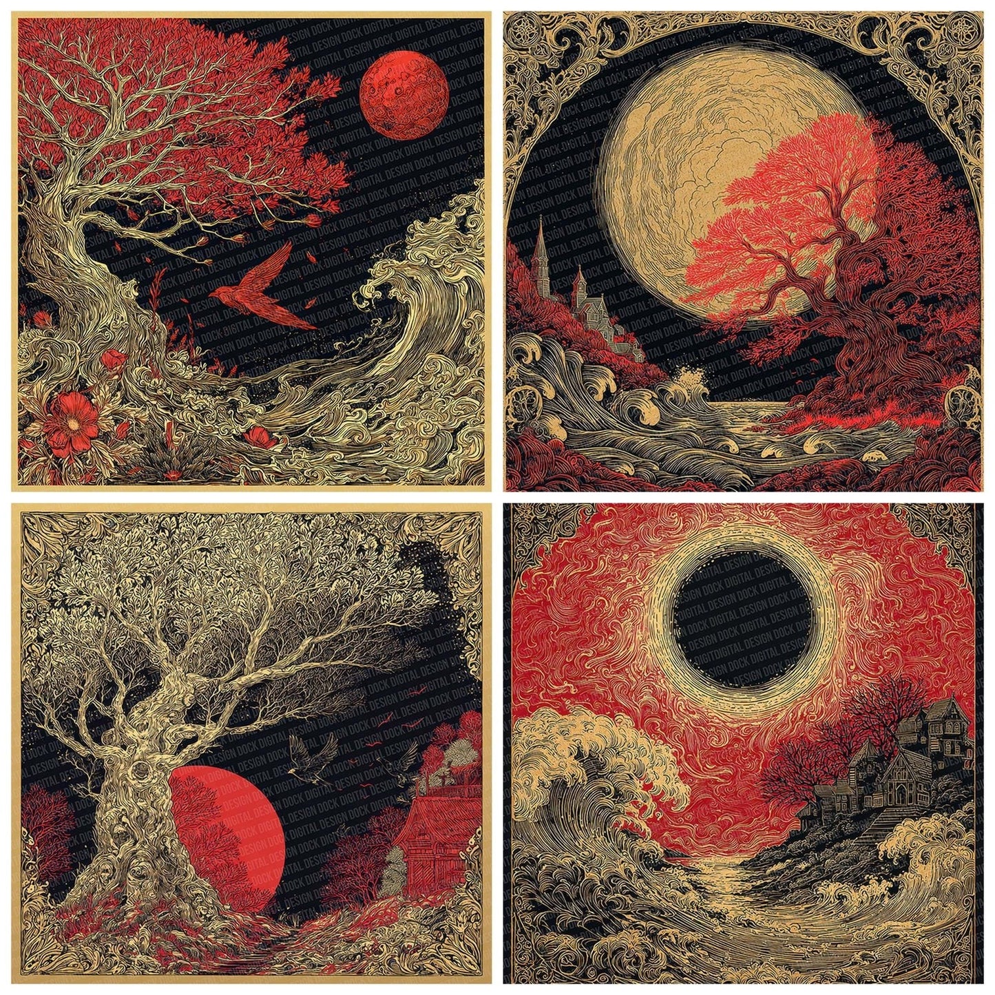 Japan Red Gold Eclipse Digital Paper Pack (DDD002198)