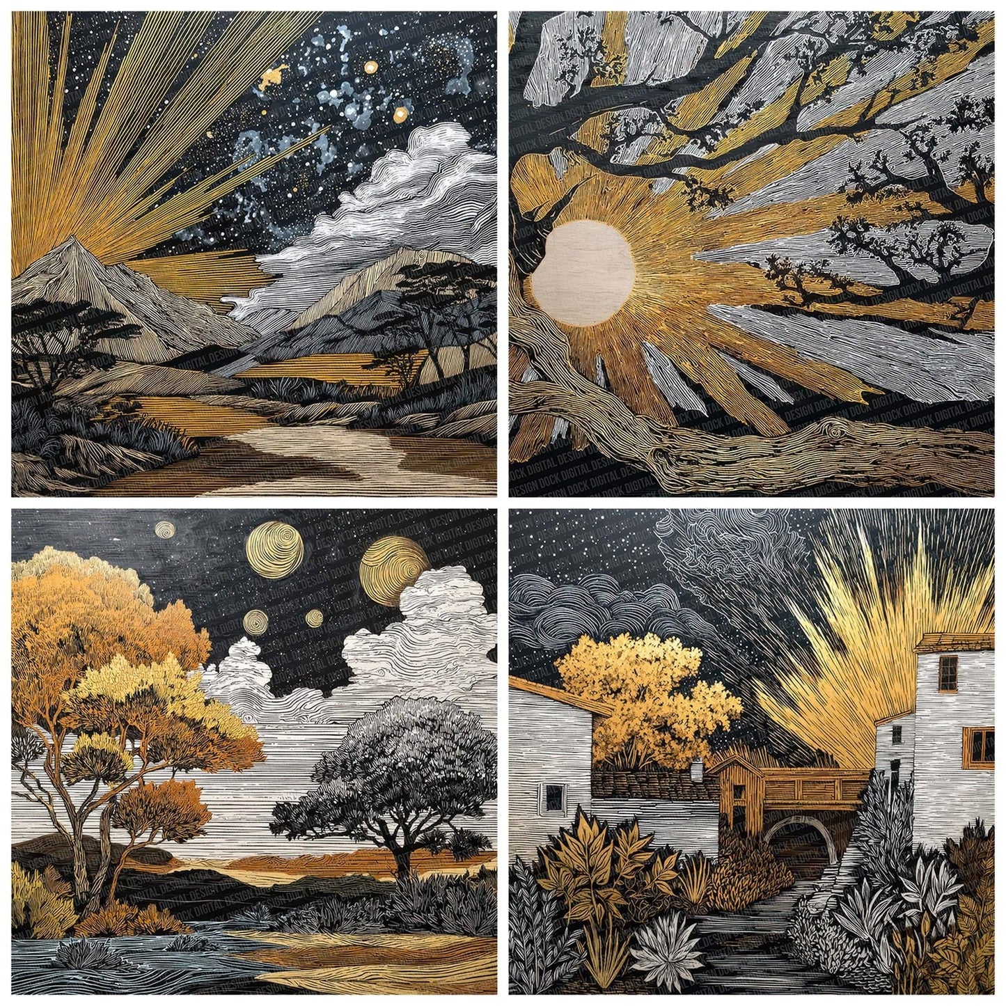 Japanese Gold Night Forest Digital Paper Pack (DDD002203)