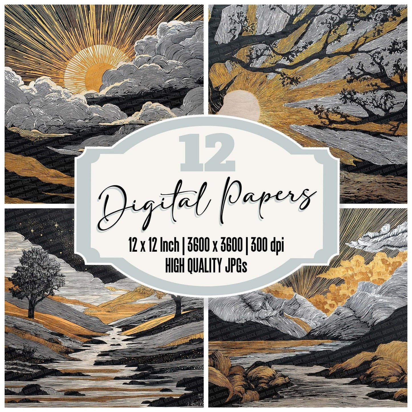 Japanese Gold Night Forest Digital Paper Pack (DDD002203)