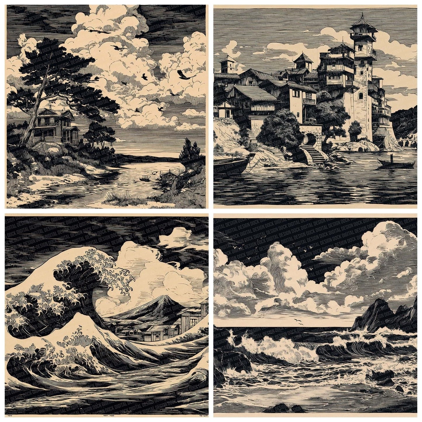 Japanese Inked Coastal Dusk Digital Paper Pack (DDD002204)