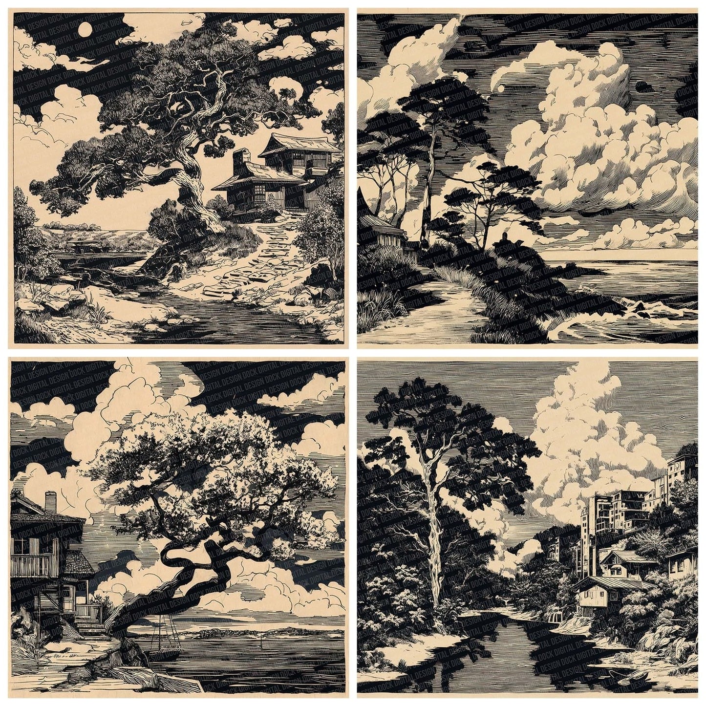 Japanese Inked Coastal Dusk Digital Paper Pack (DDD002204)