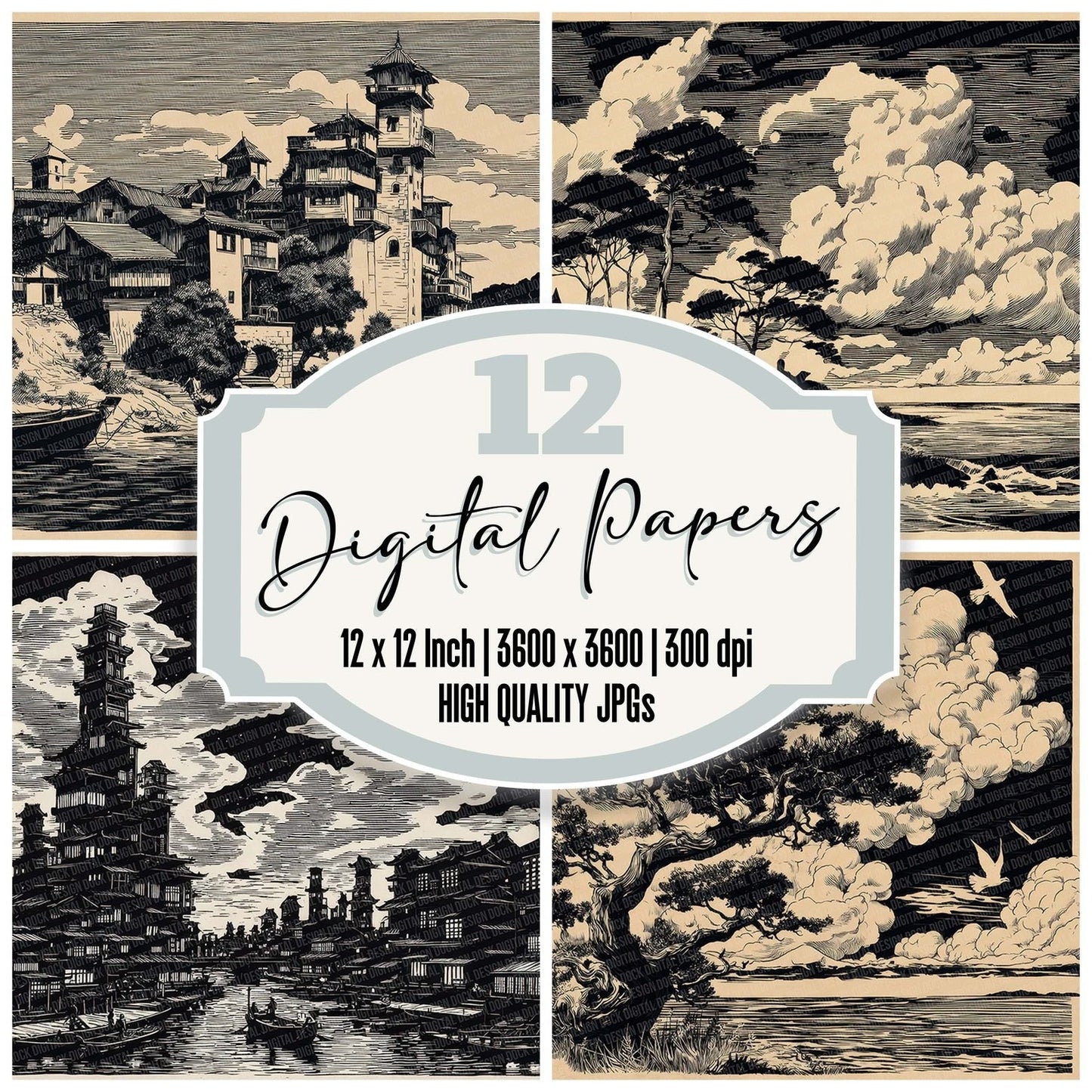 Japanese Inked Coastal Dusk Digital Paper Pack (DDD002204)
