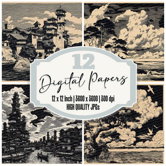 Japanese Inked Coastal Dusk Digital Paper Pack (DDD002204)