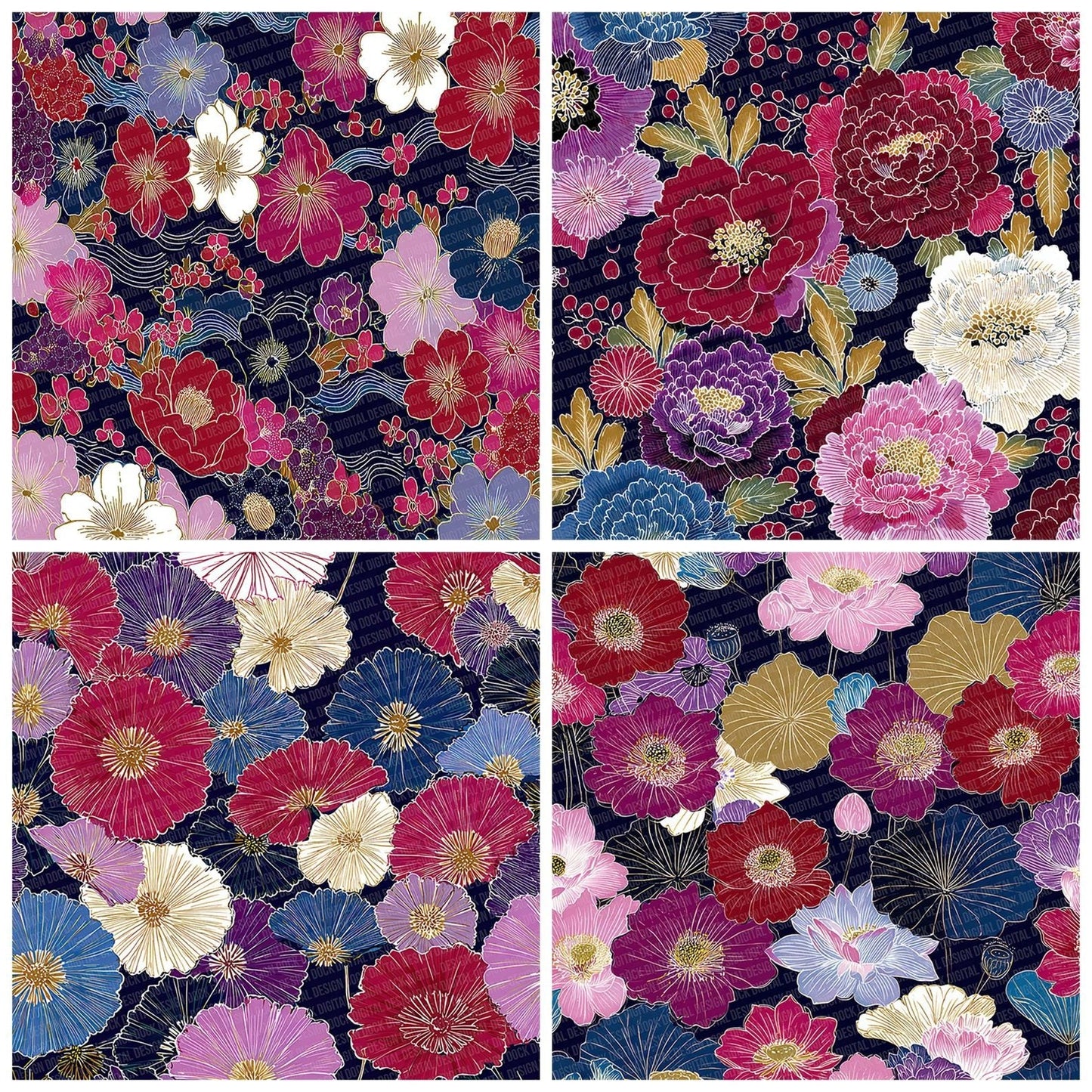 Japanese Navy Gold Floral Digital Paper Pack (DDD002205)