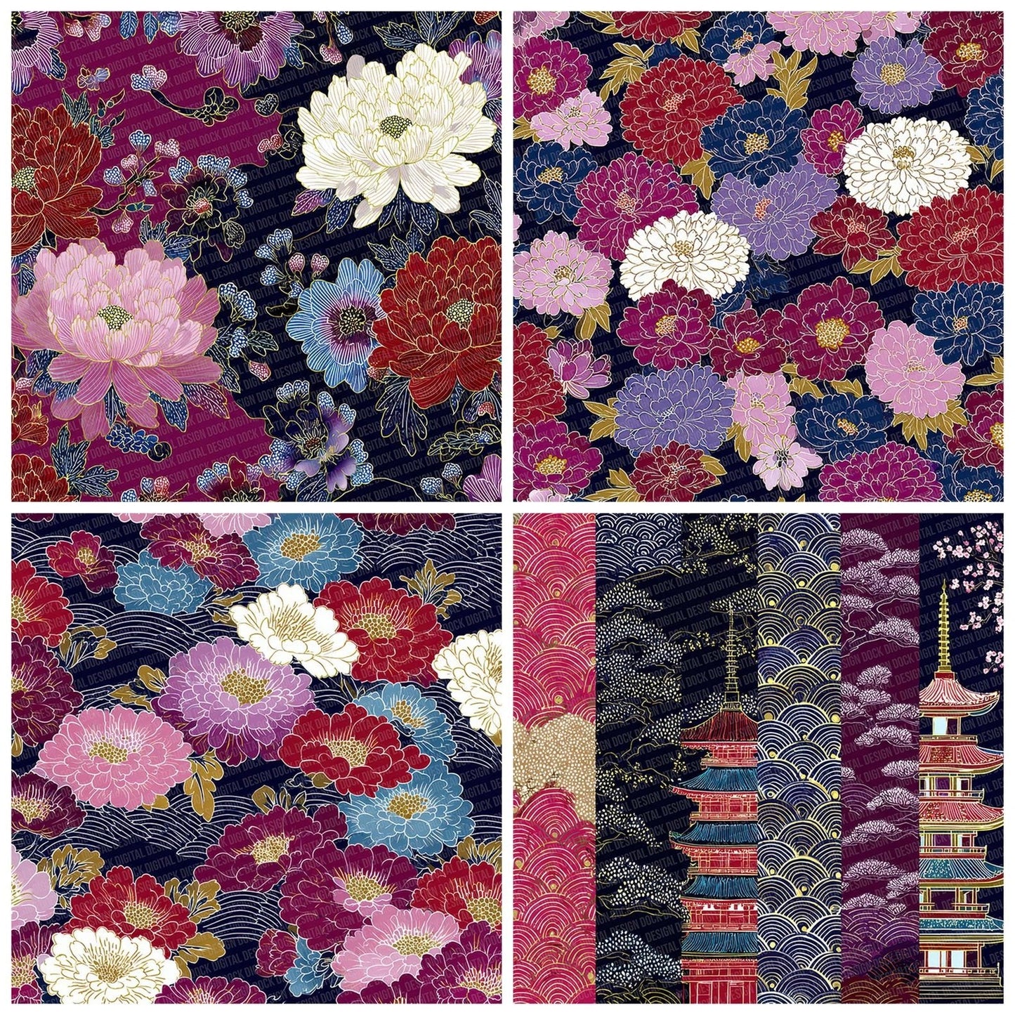 Japanese Navy Gold Floral Digital Paper Pack (DDD002205)