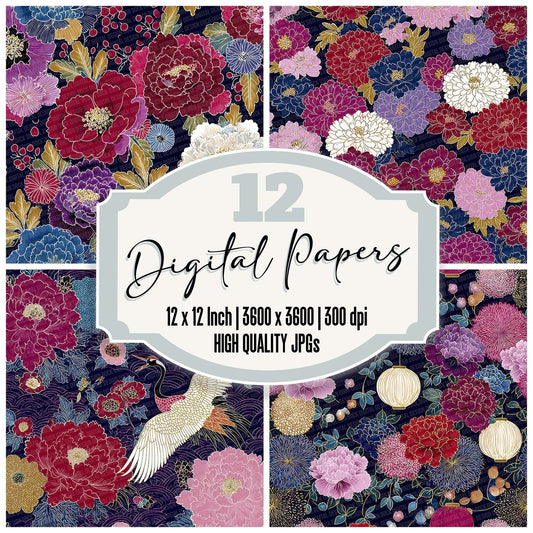 Japanese Navy Gold Floral Digital Paper Pack (DDD002205)