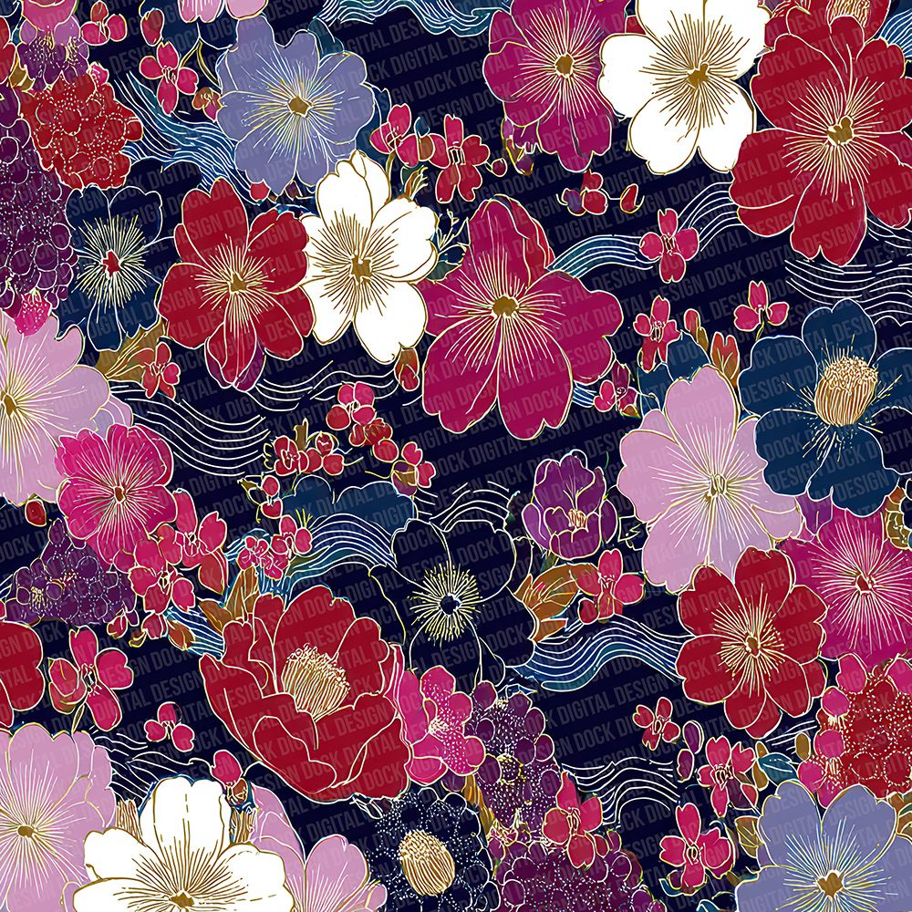 Japanese Navy Gold Floral Digital Paper Pack (DDD002205)