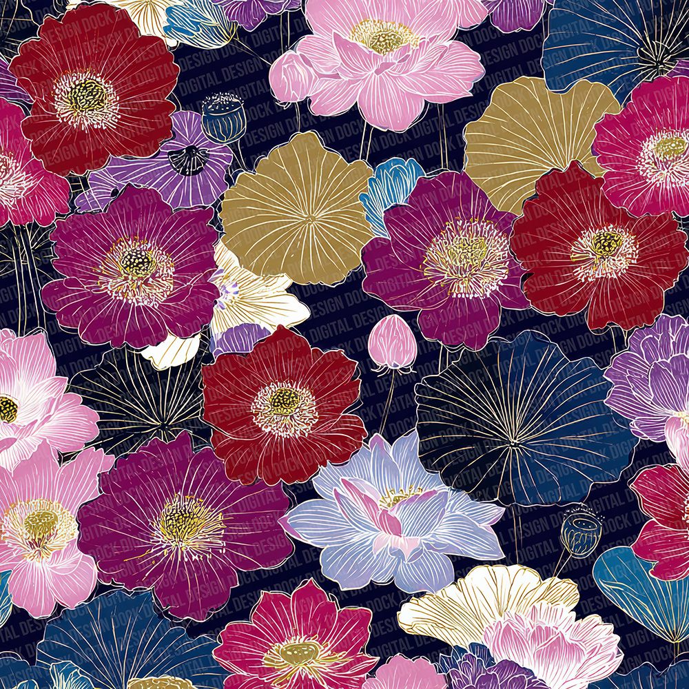 Japanese Navy Gold Floral Digital Paper Pack (DDD002205)