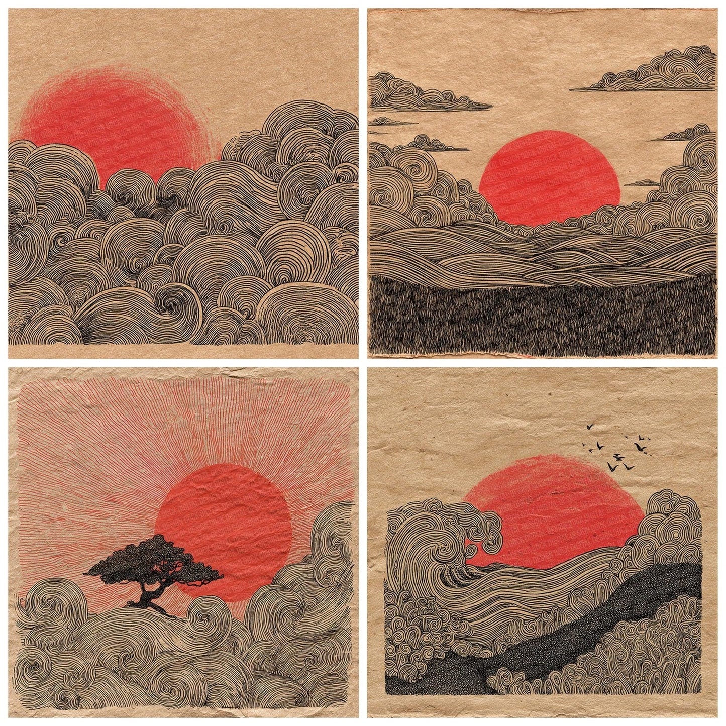 Japanese Red Sun Swirls Digital Paper Pack (DDD002206)