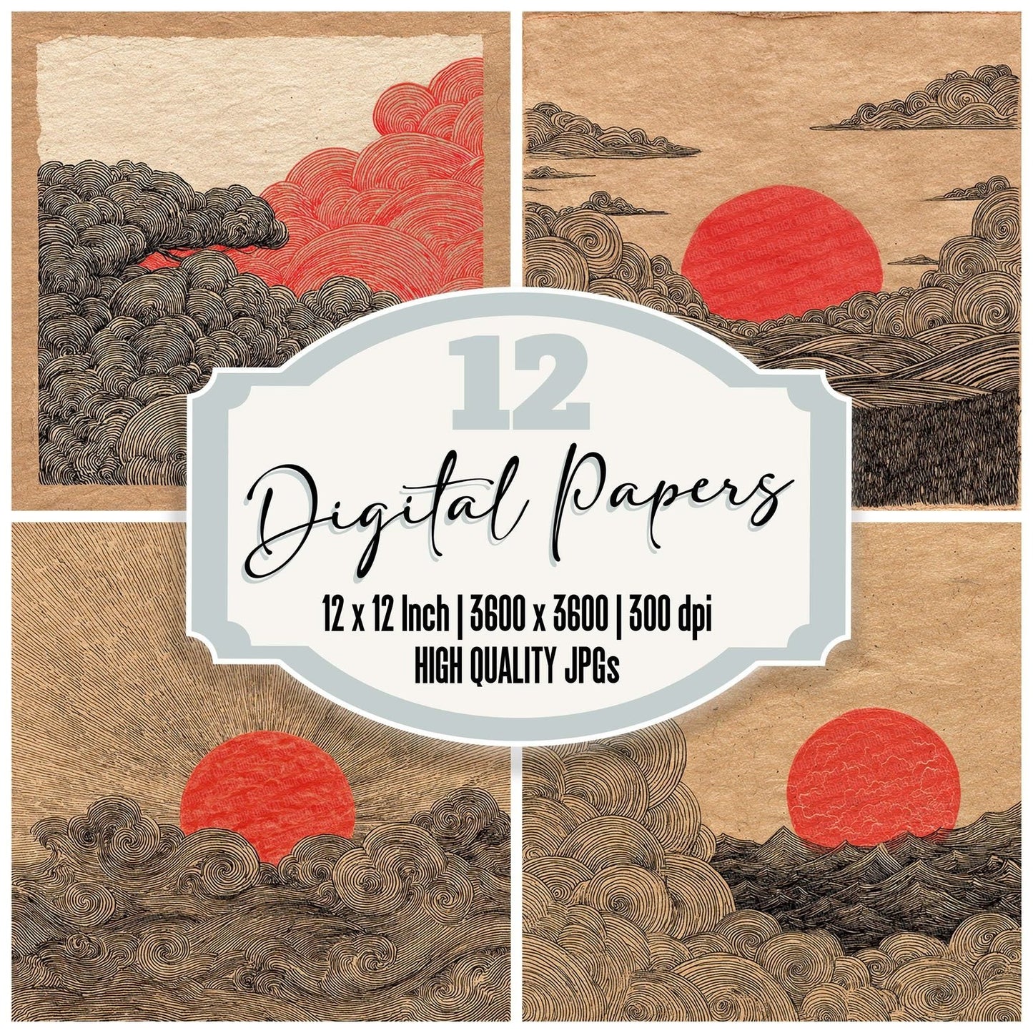 Japanese Red Sun Swirls Digital Paper Pack (DDD002206)