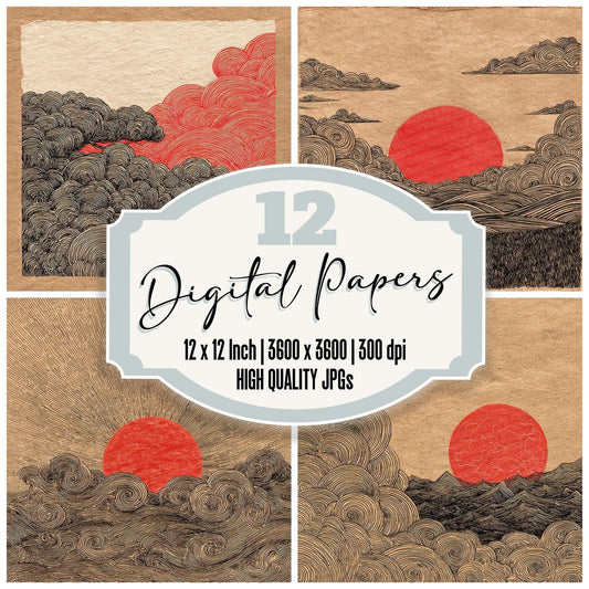 Japanese Red Sun Swirls Digital Paper Pack (DDD002206)
