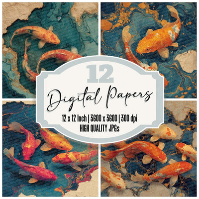 Koi Marble Rice Paper digital paper pack cover showing four of the 12 papers