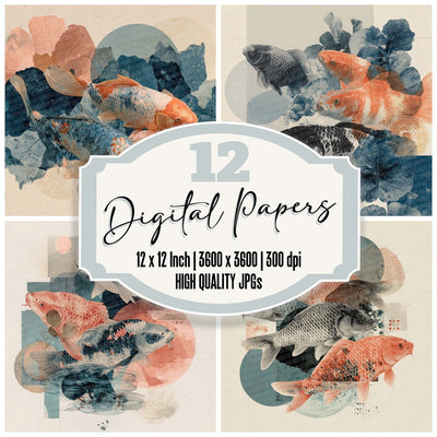 Koi Pond Moodboard digital paper pack cover showing four of the 12 papers