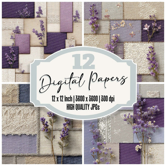 Lavender Linen Shabby Patchwork Fabric Digital Paper Pack (DDD002291)
