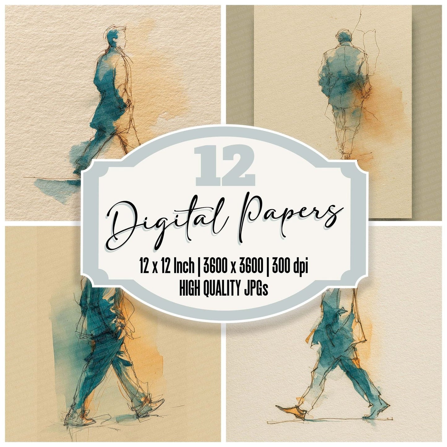 Line Figure Teal Wash Digital Paper Pack (DDD002365)