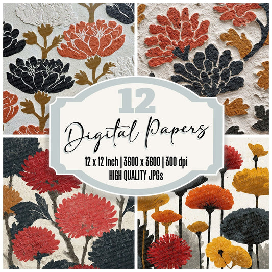 Linocut Floral Print Digital Paper Pack (DDD002374)