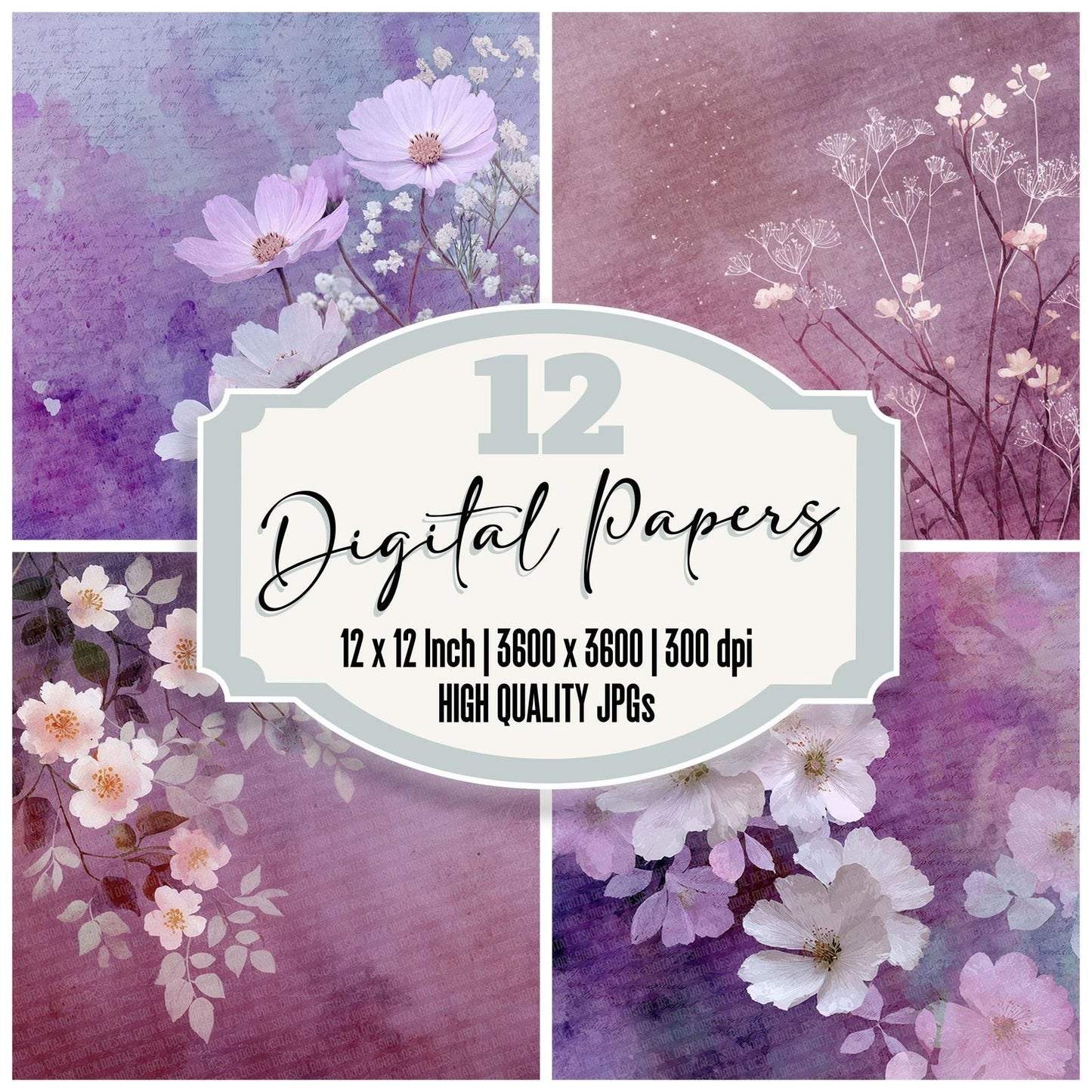 Mauve Lilac Watercolour Wash Floral Digital Paper Pack (DDD002451)