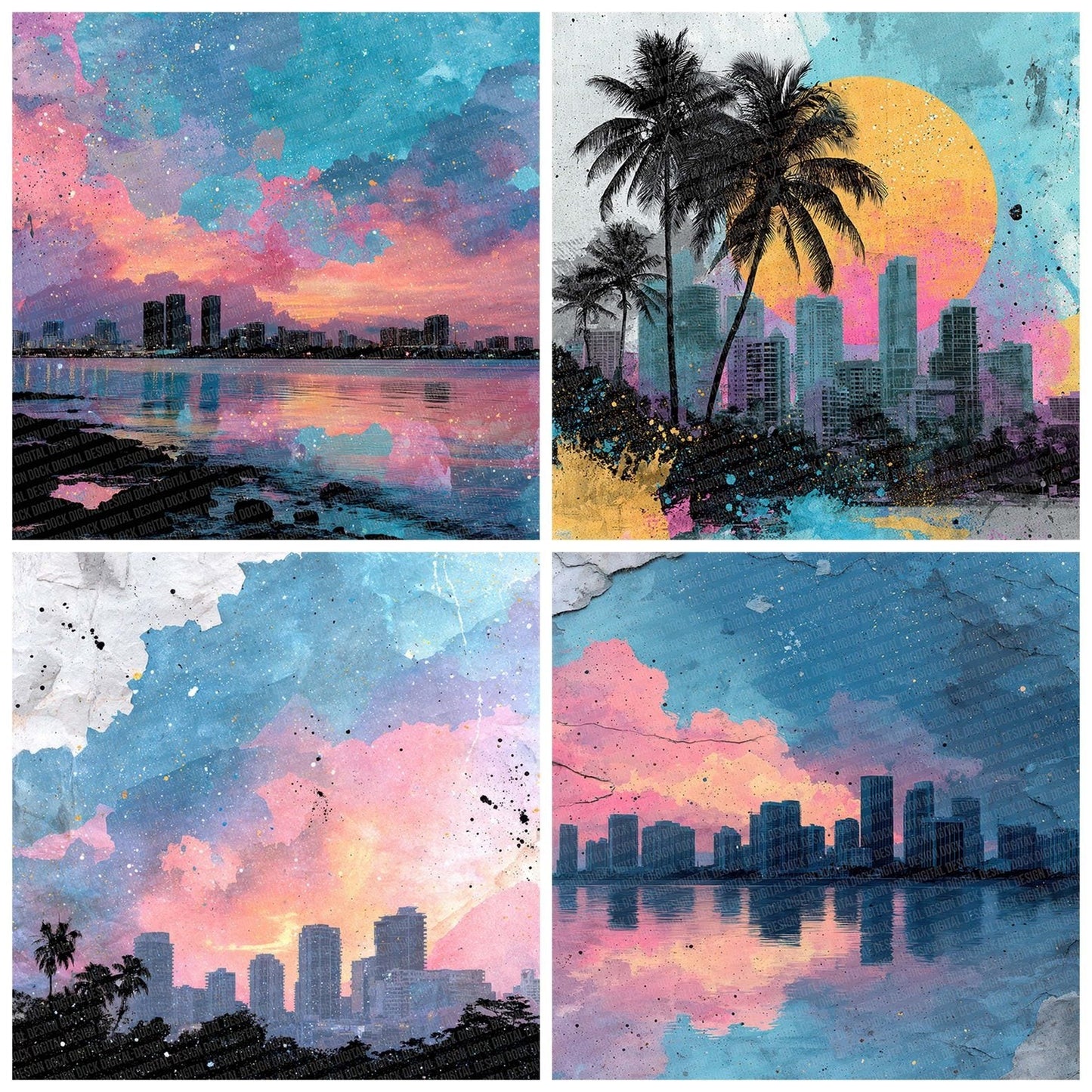 Miami Night Collage Digital Paper Pack (DDD002493)
