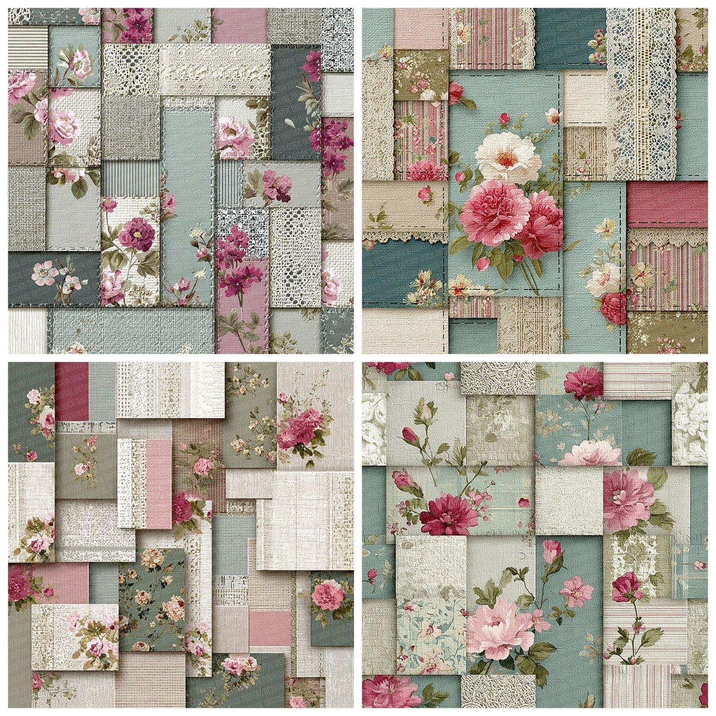 Mint Pink Linen Patchwork Fabric Digital Paper Pack (DDD002537)