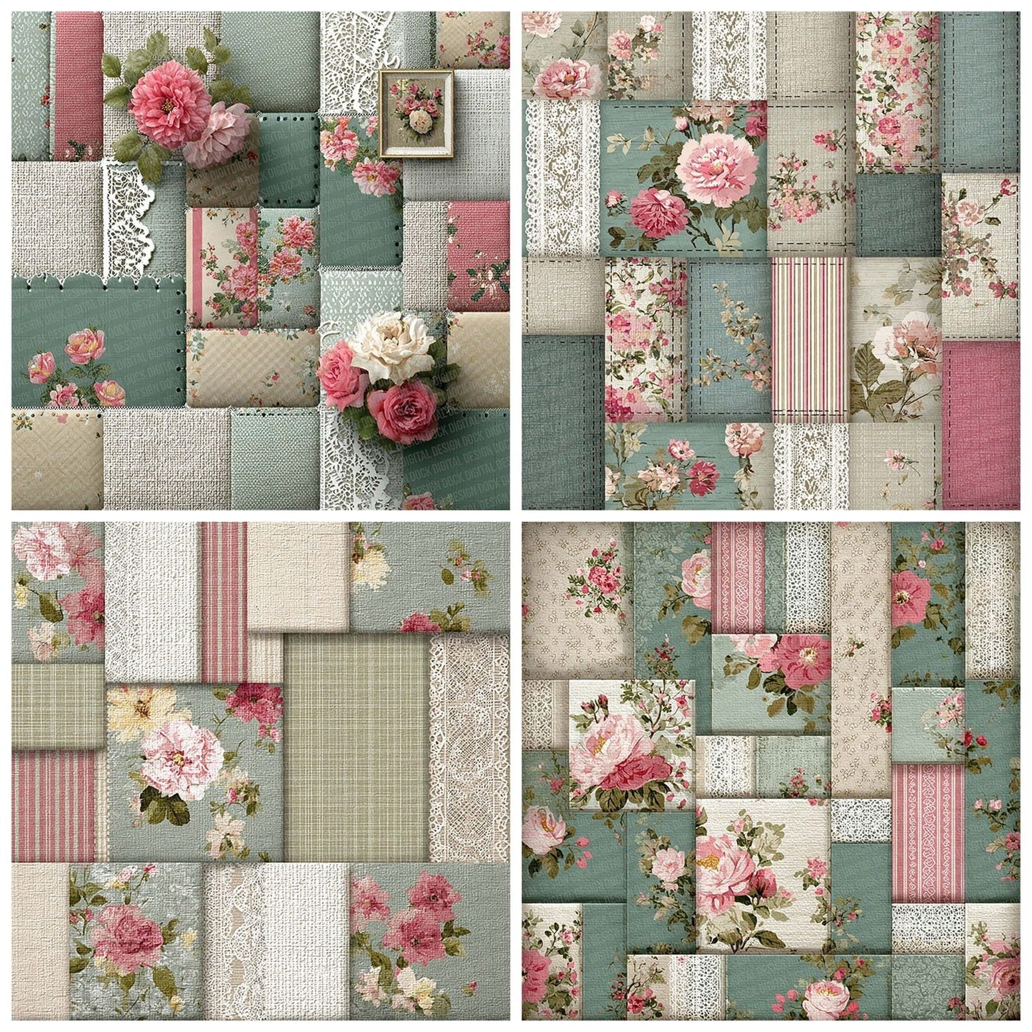 Mint Pink Linen Patchwork Fabric Digital Paper Pack (DDD002537)