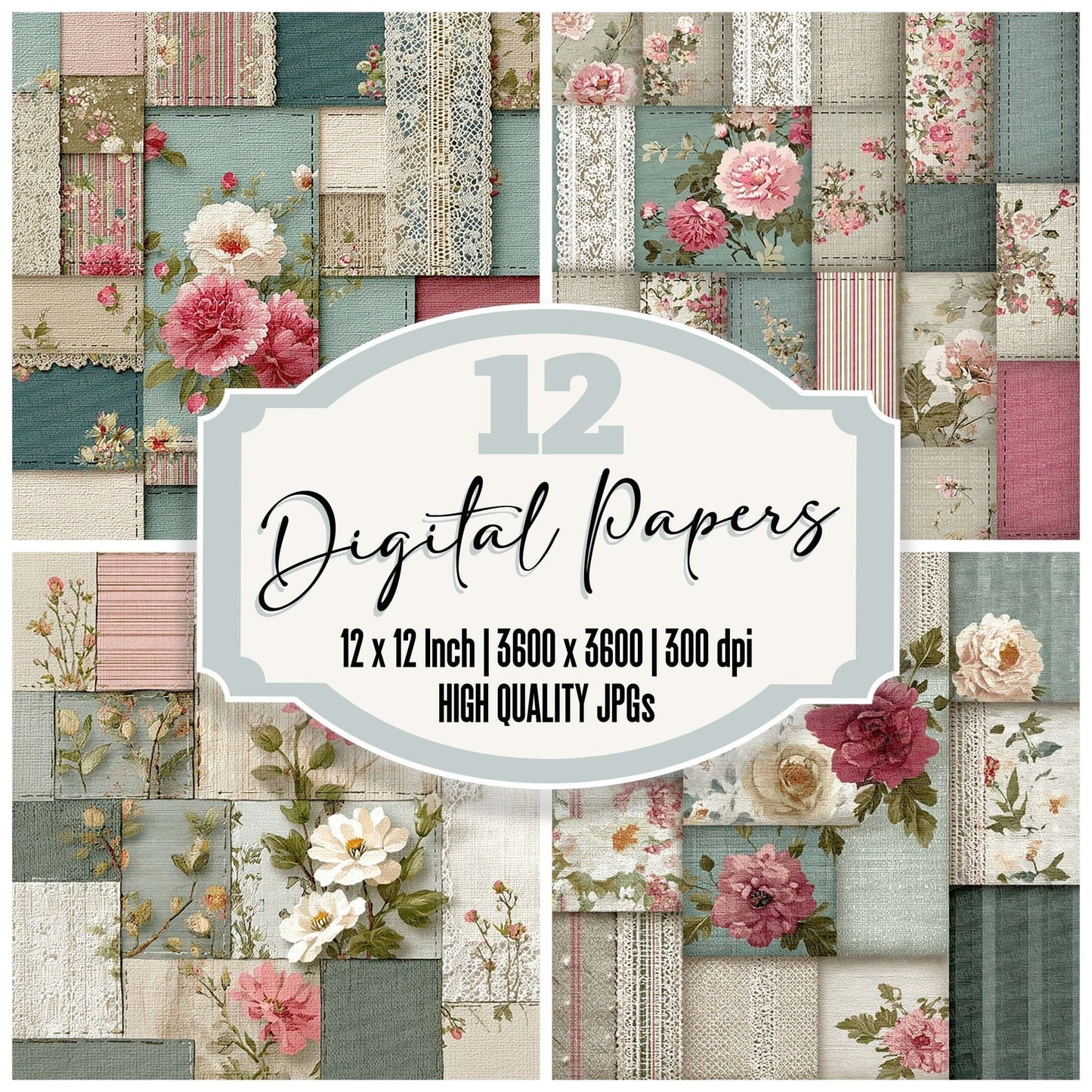 Mint Pink Linen Patchwork Fabric Digital Paper Pack (DDD002537)